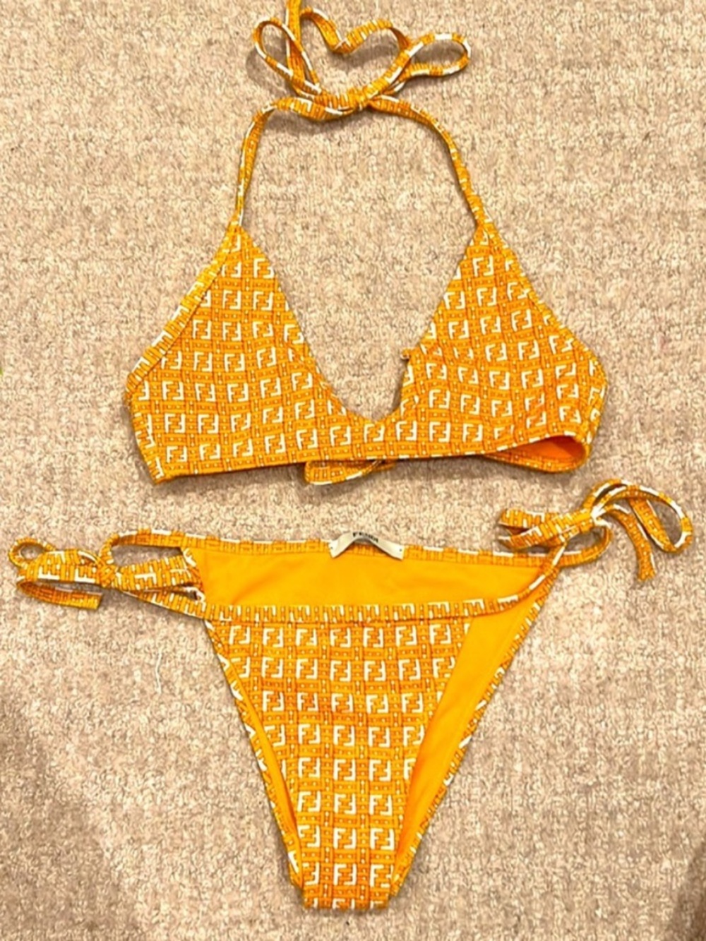 Fendi Yellow & White FF Logo Triangle Bikini